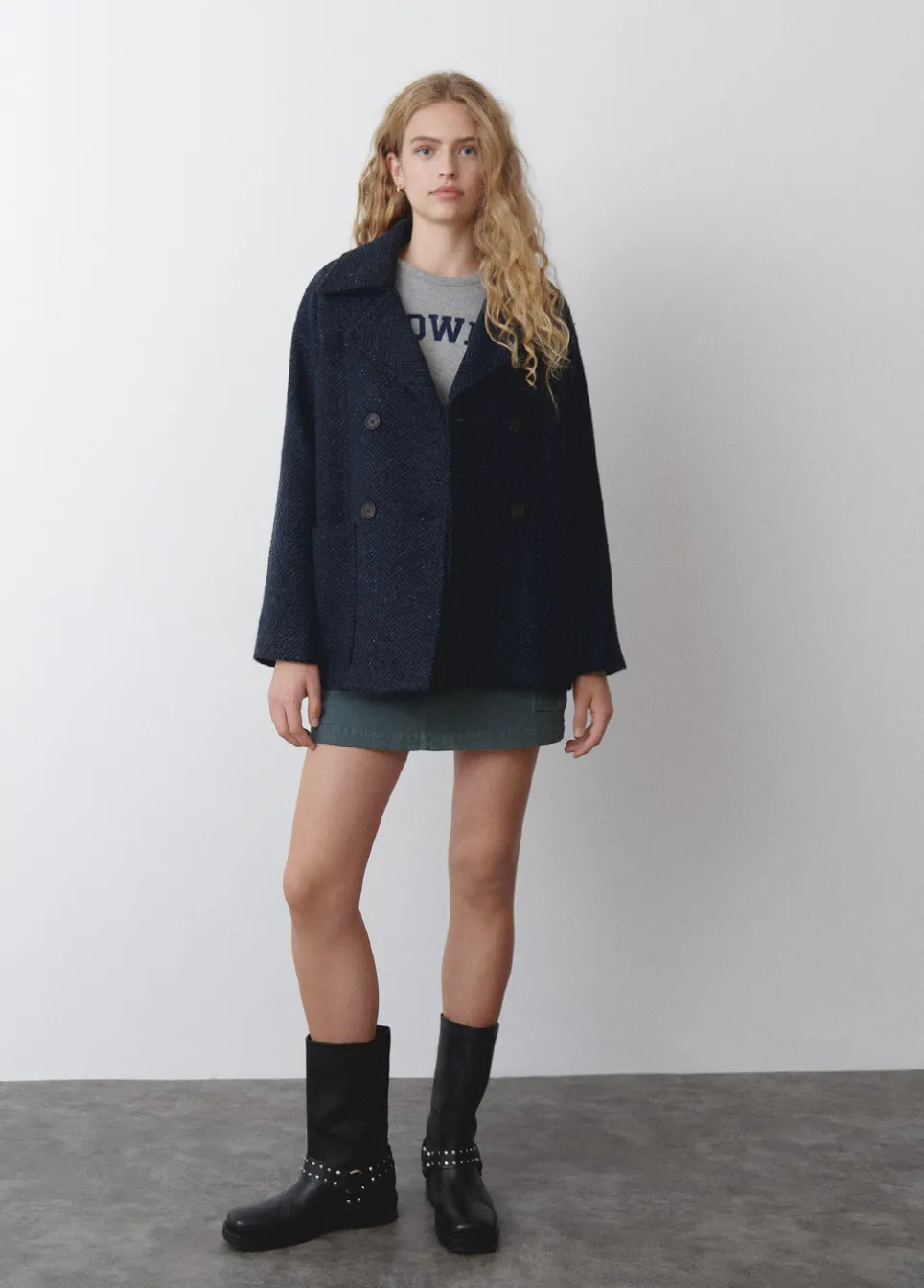 Abrigo Cruzado Jaspeado Con Bolsillos