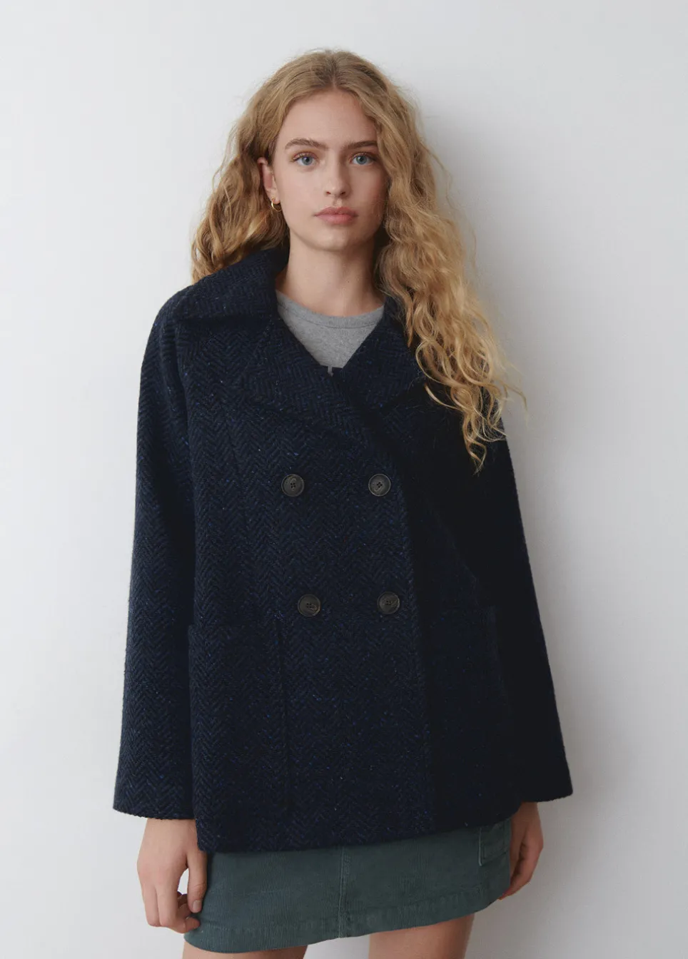 Abrigo Cruzado Jaspeado Con Bolsillos